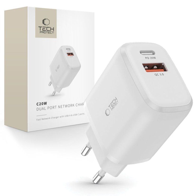 Nabíjačka do siete Tech-Protect C20W 2-Port Network Charger PD 20W / QC3.0 White