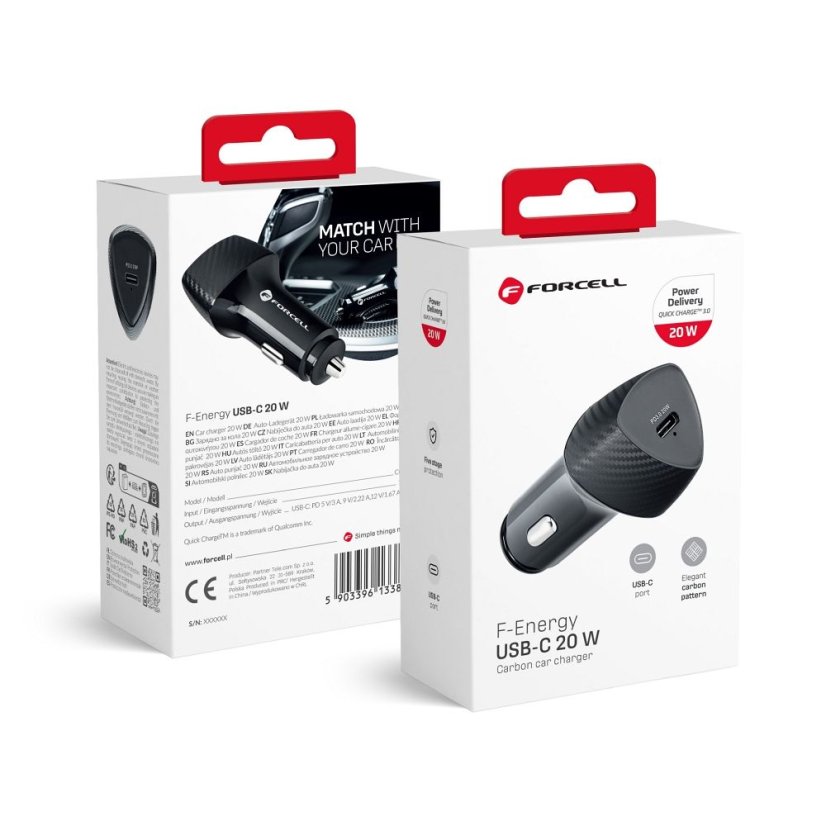 Kryt Nabíjačka auta Car Charger Forcell F-Energy Carbon USB C Qc3.0 Pd 3A 20W Cc50-1C Black