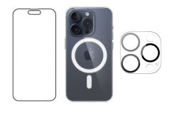 3PACK - Hydrogel s výrezom pre prednú kameru + Crystal Air kryt s MagSafe + ochranné sklíčko kamery pre iPhone 15 Pro Max