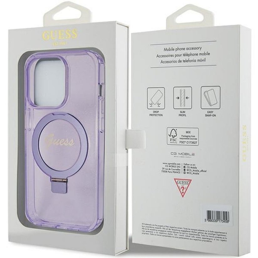 Kryt Original Faceplate Case Guess Guhmp15Xhrsgsu iPhone 15 Pro Max (s MagSafe / Glitter Script Logo / Ring Stand / Purple)