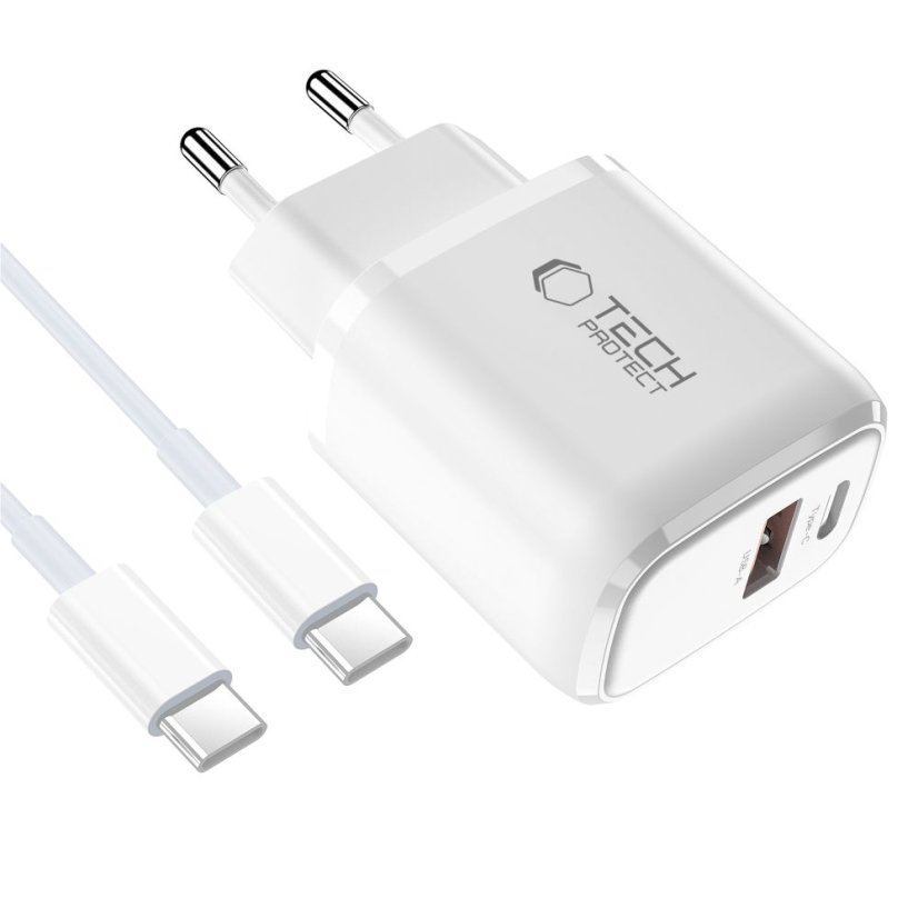 Tech-Protect Nca20 2portová síťová nabíječka PD 20W / QC3.0 + kabel Type-C Bílá