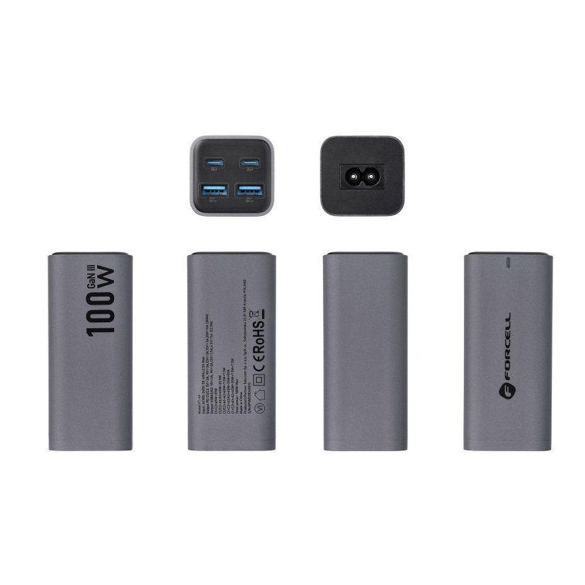 Desktop Charger Forcell F-Energy Gan III 2 X USB C + 2 X USB A Qc4.0 Pd 5A 100W Vt-49 Gray