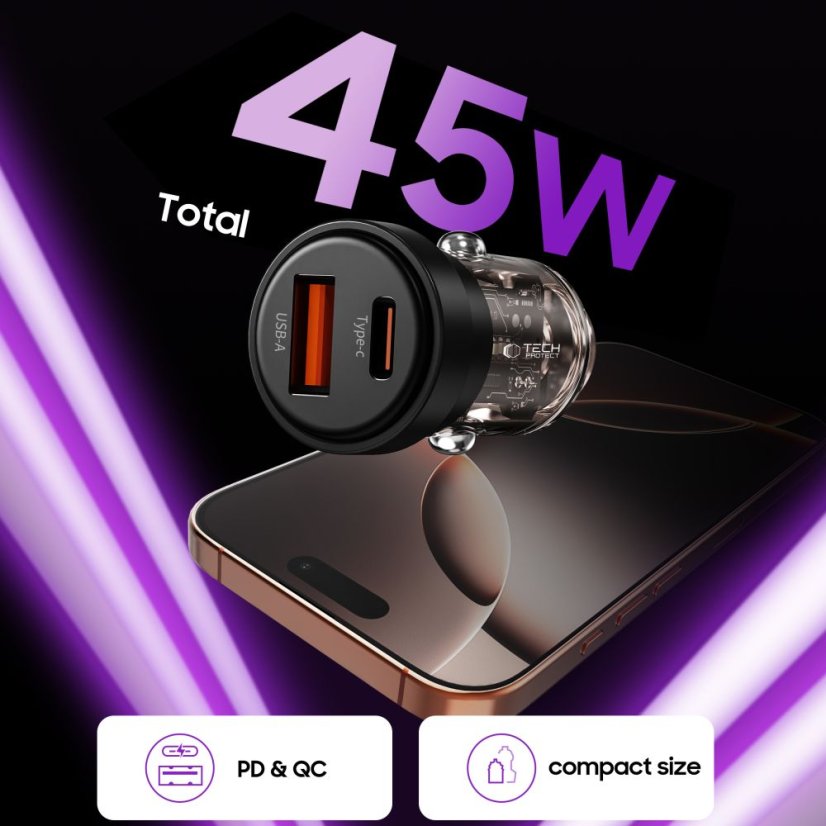 Tech-Protect Cc03 2 portos autós töltő PD 45W / QC3.0 Black
