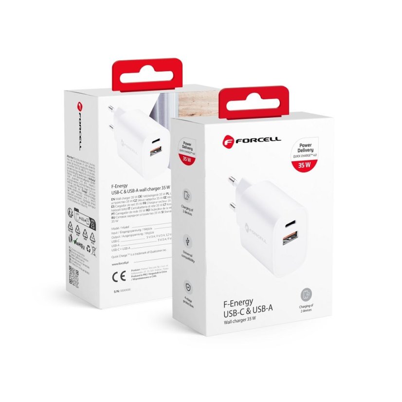 Phone Charger Forcell F-Energy USB C + USB A Qc4.0 Pd 3A 35W Tfk-Tc-35Wpd White