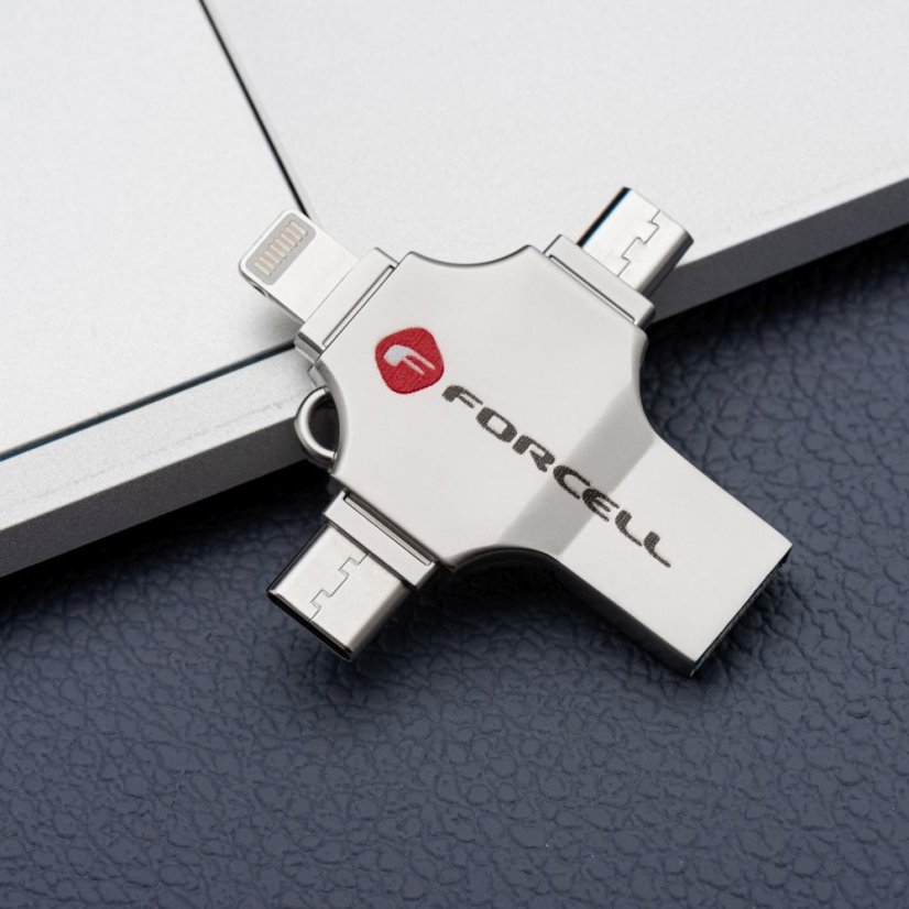 Pamäťová karta Pendrive 16Gb USB 3.2 Gen 1 (USB A / USB C / Lightning / Micro USB) Forcell F-Data Metal Quad Silver