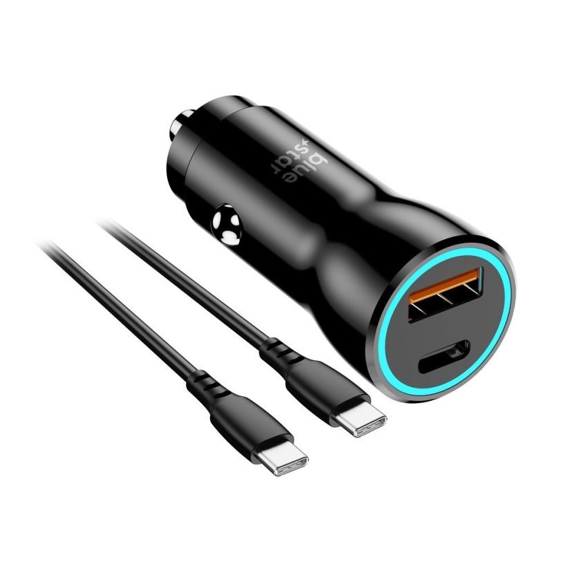 Autótöltő autós töltő Blue Star USB C + USB A Qc3.0 Pd Afc Pps 3A 30W + kábel USB C-ről USB C-re Black
