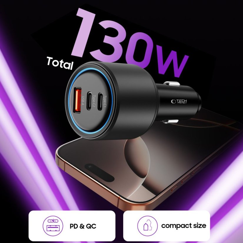 Tech-Protect Cc04 3 portos autós töltő PD 130W Black