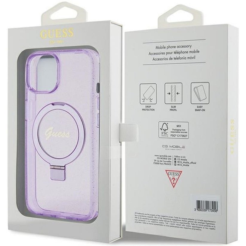 Kryt Original Faceplate Case Guess Guhmp15Shrsgsu iPhone 15 (s MagSafe / Glitter Script Logo / Ring Stand / Purple)