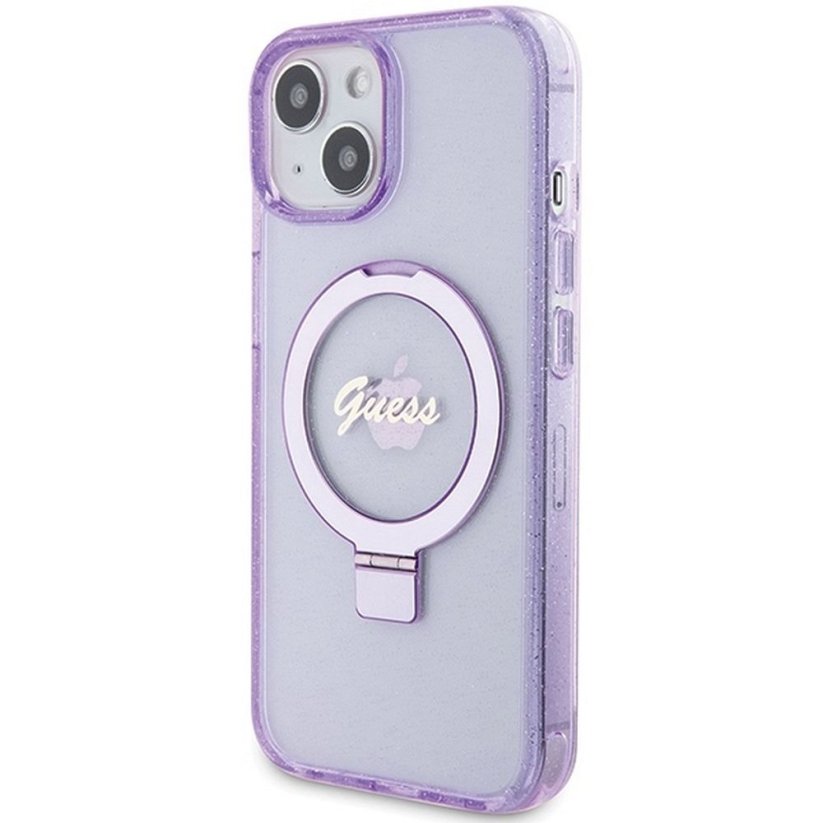 Kryt Original Faceplate Case Guess Guhmp15Shrsgsu iPhone 15 (s MagSafe / Glitter Script Logo / Ring Stand / Purple)