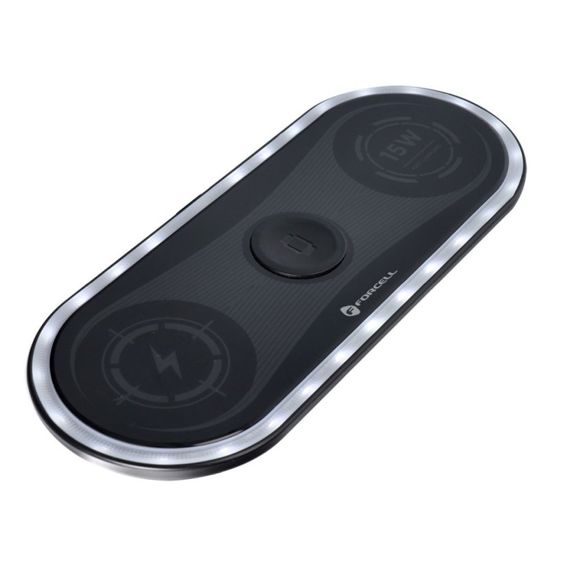 Bezdrôtová nabíjačka Wireless Charger Forcell F-Energy Ellipse 3W1 Qi Qc 15W Compatible With Apple + Cable USB C USB A Black