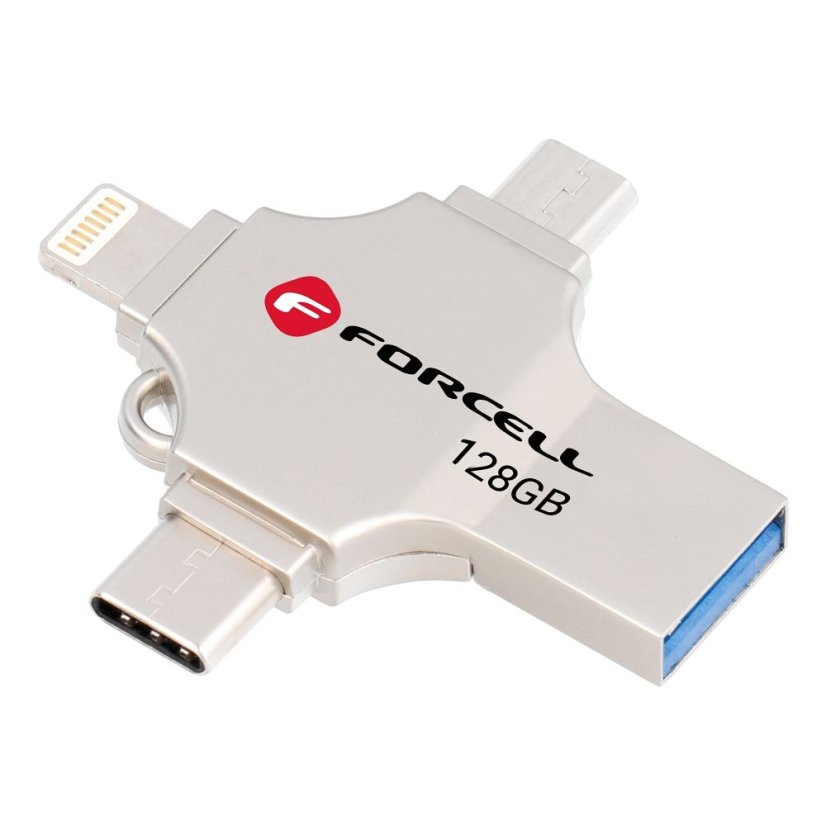 Pamäťová karta Pendrive 128Gb USB 3.2 Gen 1 (USB A / USB C / Lightning / Micro USB) Forcell F-Data Metal Quad Silver