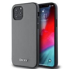 DKNY PU Leather Silver Metal Logo MagSafe tok az iPhone 12/12 Pro szürke készülékhez