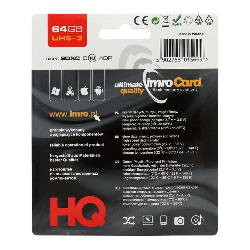 Pamäťová karta Imro Memory Card Microsd 64Gb 100Mb/S Class 10 Uhs 3 With Adapter Sd