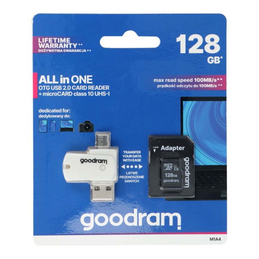 Pamäťová karta Goodram Card Reader USB A + Micro USB All In One M1A4 + Memory Card Micro Sd 128Gb With Adapter Sd
