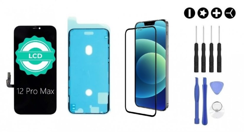 MULTIPACK - Fekete LCD kijelző iPhone 12 Pro Max + ragasztó a kijelző alatt + 3D védőüveg + szerszámkészlet