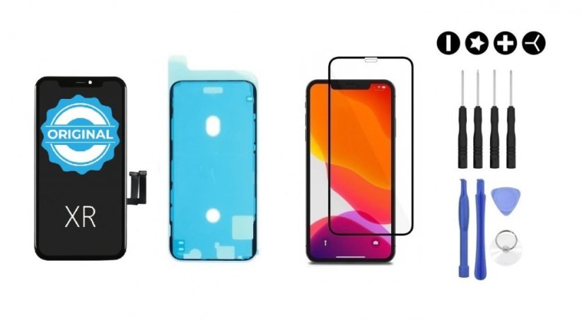 MULTIPACK - ORIGINAL Čierny LCD displej iPhone XR + lepka pod displej + 3D ochranné sklo + sada náradia