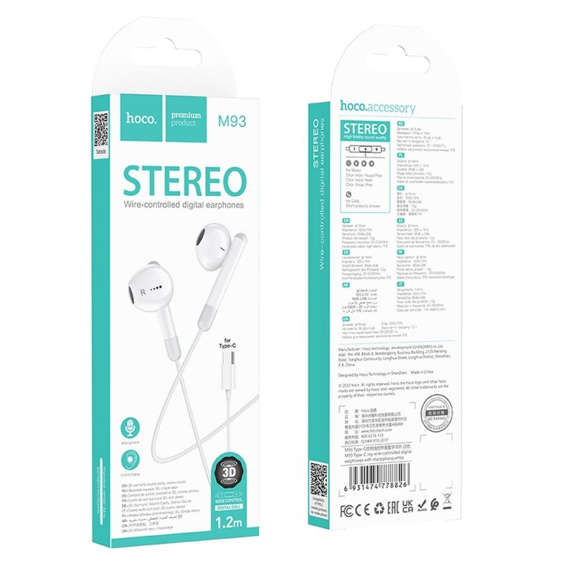 Slúchadlá Wire Earphones USB C Hoco M93 White