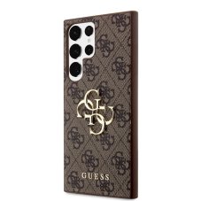 Guess PU 4G Metal Logo zadný kryt pre Samsung Galaxy S23 Ultra Brown