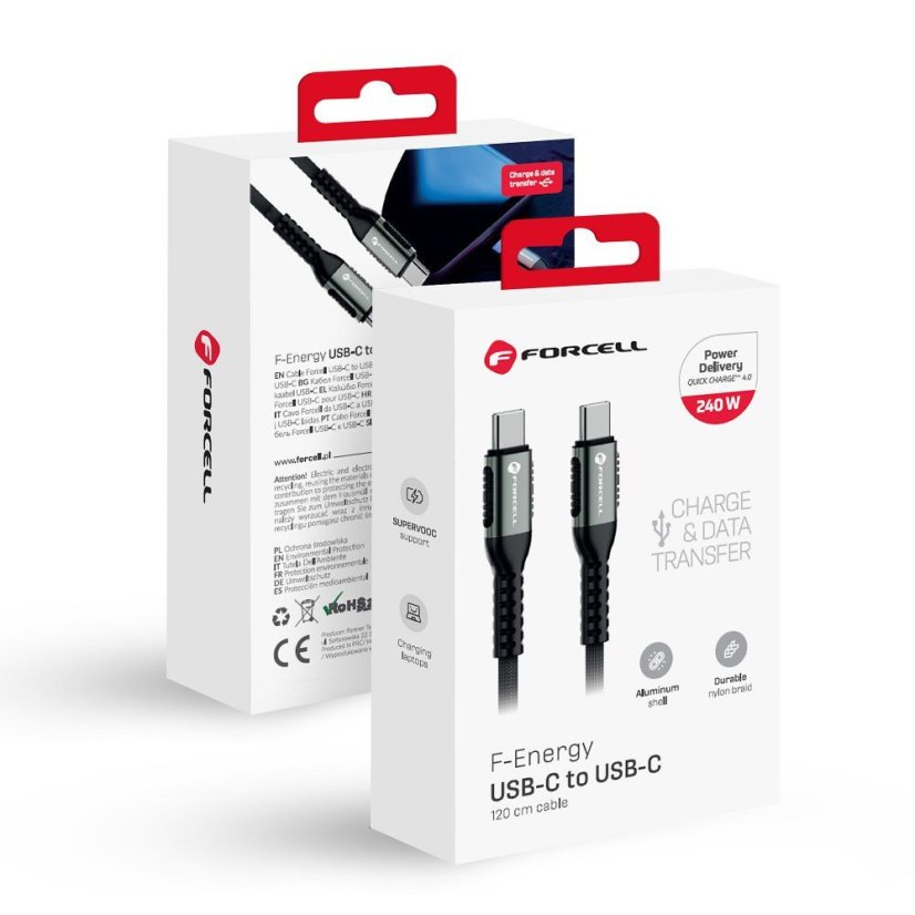 Kábel Cable USB C to USB C Forcell F-Energy Qc4.0 Pd 5A 240W Cafule 1,2 M C263 Black
