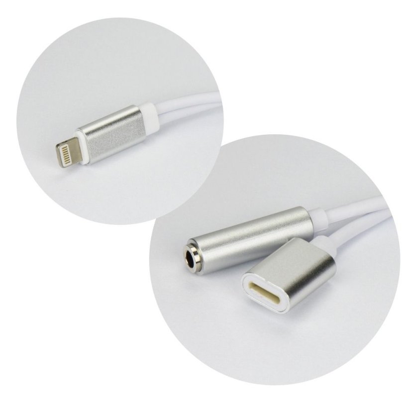Adapter Aux 2v1 Lightning (Male) to Lightning (Female) / Jack 3,5 mm (Female) Silver