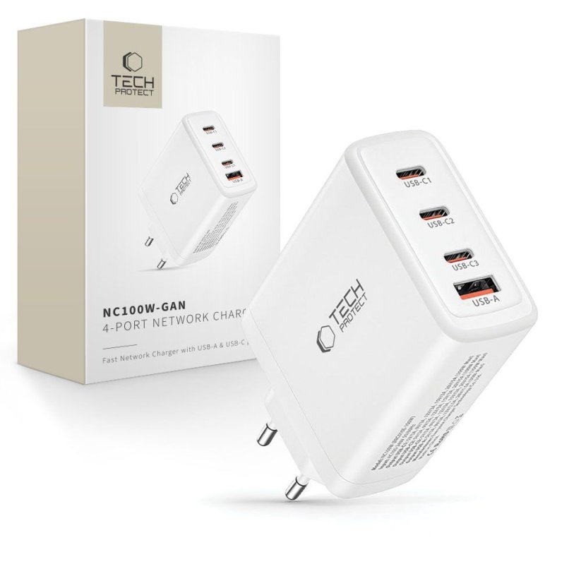 Nabíjačka do siete Tech-Protect Nc100W-Gan 4-Port Network Charger PD100W/QC3.0 White
