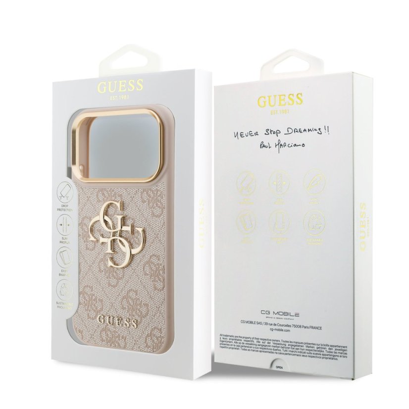 Guess PU Leather 4G Metal Logo Gold Frame zadný kryt pre iPhone 17 Pro Pink