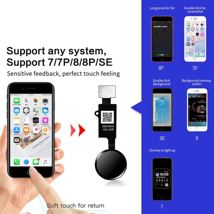 Apple iPhone 7, 7 Plus, 8, 8 Plus, SE 2020, SE 2022 - JC 6th gen. 3D Touch - Home gomb - Home gomb hátlap funkcióval (fekete)