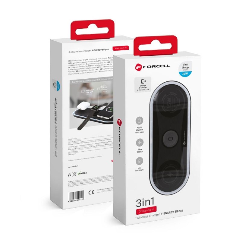 Bezdrôtová nabíjačka Wireless Charger Forcell F-Energy Ellipse 3W1 Qi Qc 15W Compatible With Apple + Cable USB C USB A Black