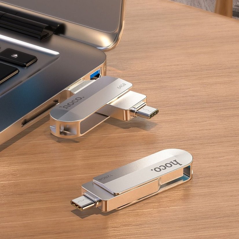 Memóriakártya Pendrive 128Gb USB 3.0 (USB A + USB C) Hoco Ud10 Silver