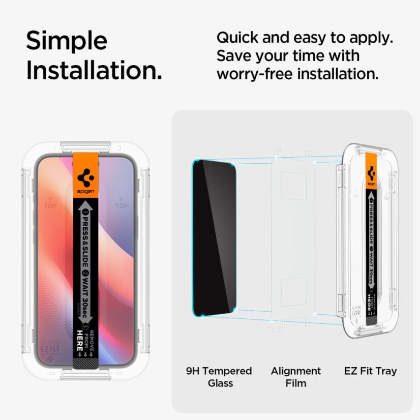 2ks v balení, set ochranných skiel Spigen Glas.Tr ”Ez Fit” 2-Pack iPhone 15 / 16 Privacy