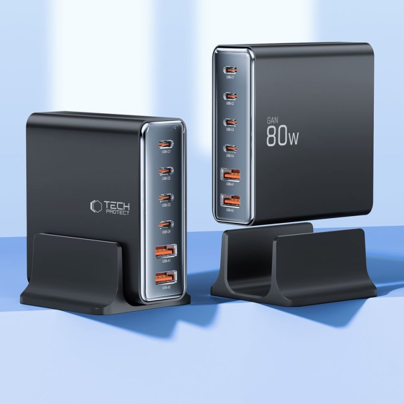 Tech-Protect Dc80W-Gan 6 portos asztali töltő PD 80W / QC3.0 Black