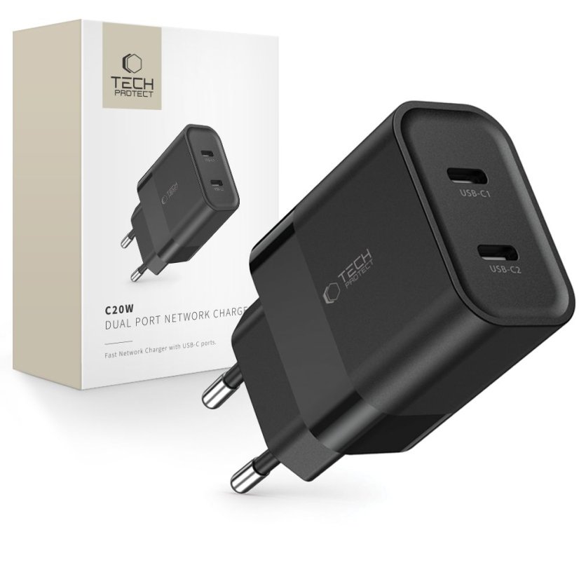 Nabíjačka do siete Tech-Protect C20W 2-Port Network Charger PD 20W Black