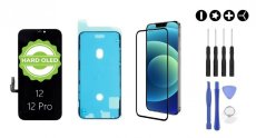 MULTIPACK - Fekete OLED kijelző iPhone 12/12 Pro + ragasztó a kijelző alatt + 3D védőüveg + szerszámkészlet