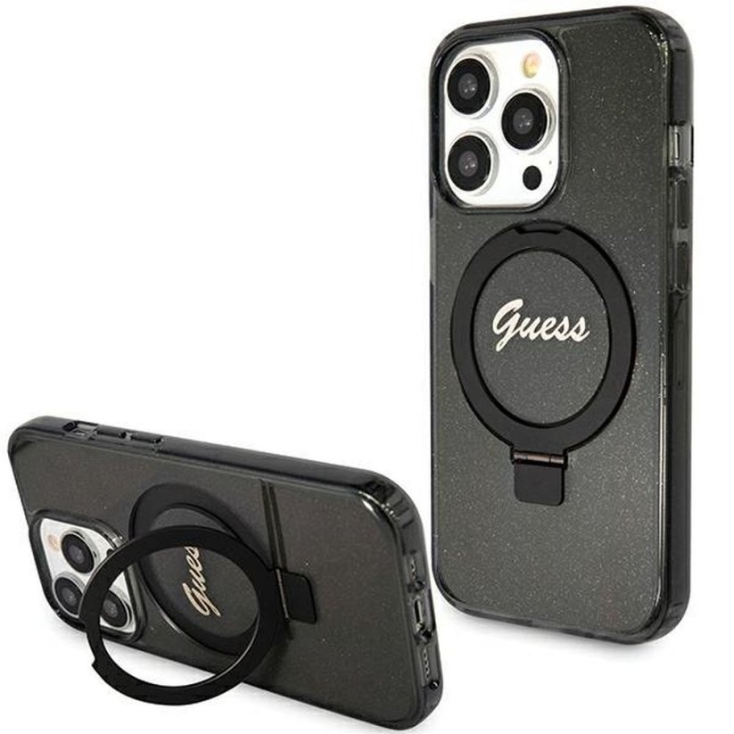 Kryt Original Faceplate Case Guess Guhmp15Lhrsgsk iPhone 15 Pro (s MagSafe / Glitter Script Logo / Ring Stand / Black)