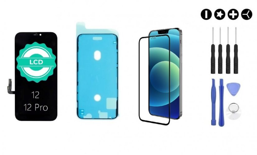 MULTIPACK - Fekete LCD képernyő iPhone 12/12 Pro + ragasztó a kijelző alatt + 3D védőüveg + szerszámkészlet